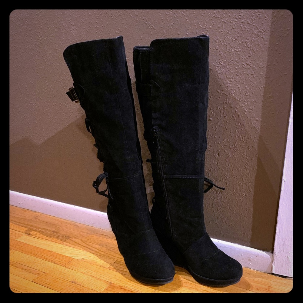 Faux Suede Tall Wedge Boots